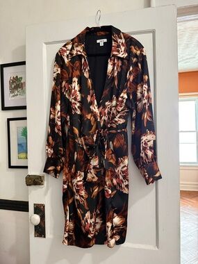 Bar III Black Floral Button-Up Blouse with Rust Accents
